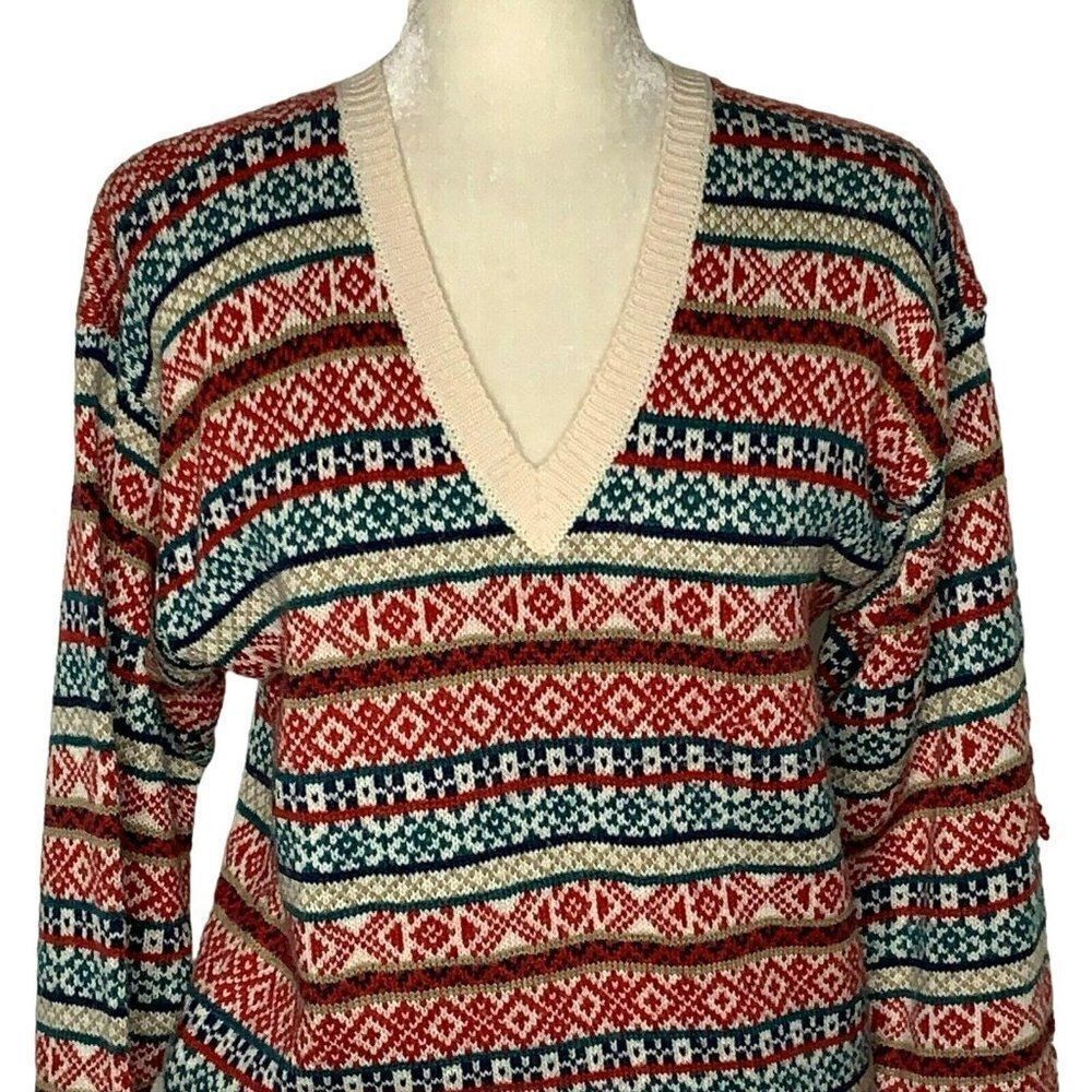 Vintage 90s Country Suburbans Knit Sweater M Fair Isle Pull Over V Neck